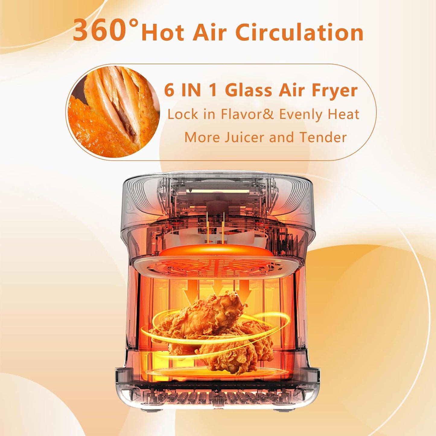 7.3QT Glass Air Fryer with See-Through Bowl, 360° Hot Air Circulation, 5 Presets, 1200W Fast Heating, Dishwasher Safe (White)
