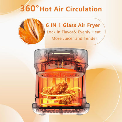 7.3QT Glass Air Fryer with See-Through Bowl, 360° Hot Air Circulation, 5 Presets, 1200W Fast Heating, Dishwasher Safe (White)