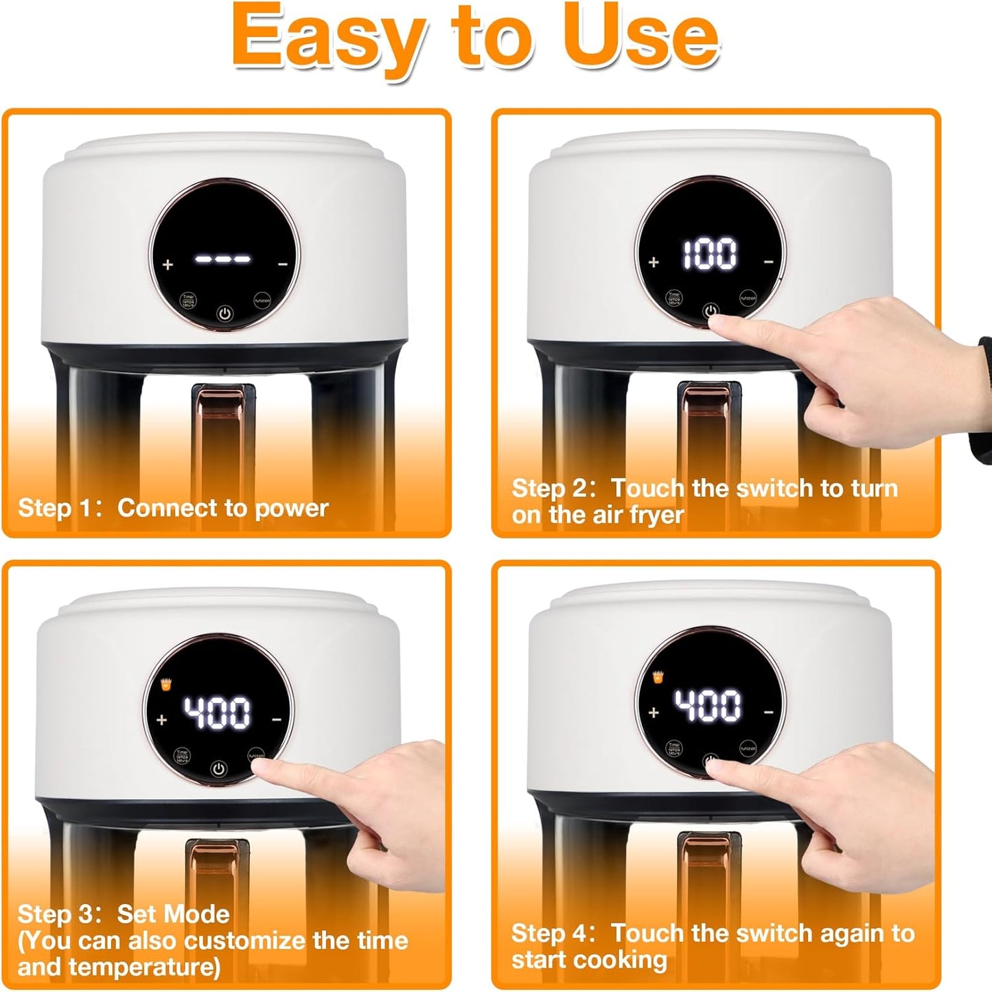 4.7QT Glass Air Fryer, 360° Viewable Glass Air Fryer Non Toxic, 6-IN-1 Preset Cook Modes, Digital Display, Adjustable Temp 100F - 400F, Nonstick, Dishwasher Safe, White