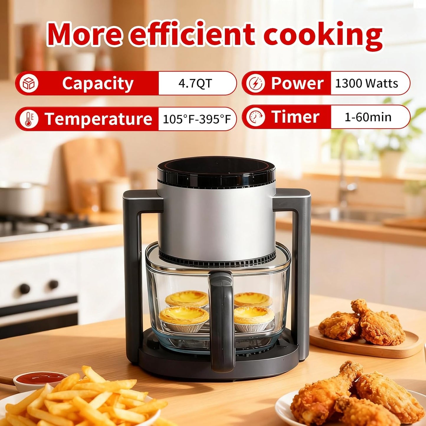 OLIXIS 4.7Qt Glass Air Fryer, Non Toxic Air Fryer with 10 Preset Cook Modes, 395°F Rapid Air Crispy Technology, Roast Bake Dehydrate Reheat, Nonstick & Easy-Clean Basket, 1300W