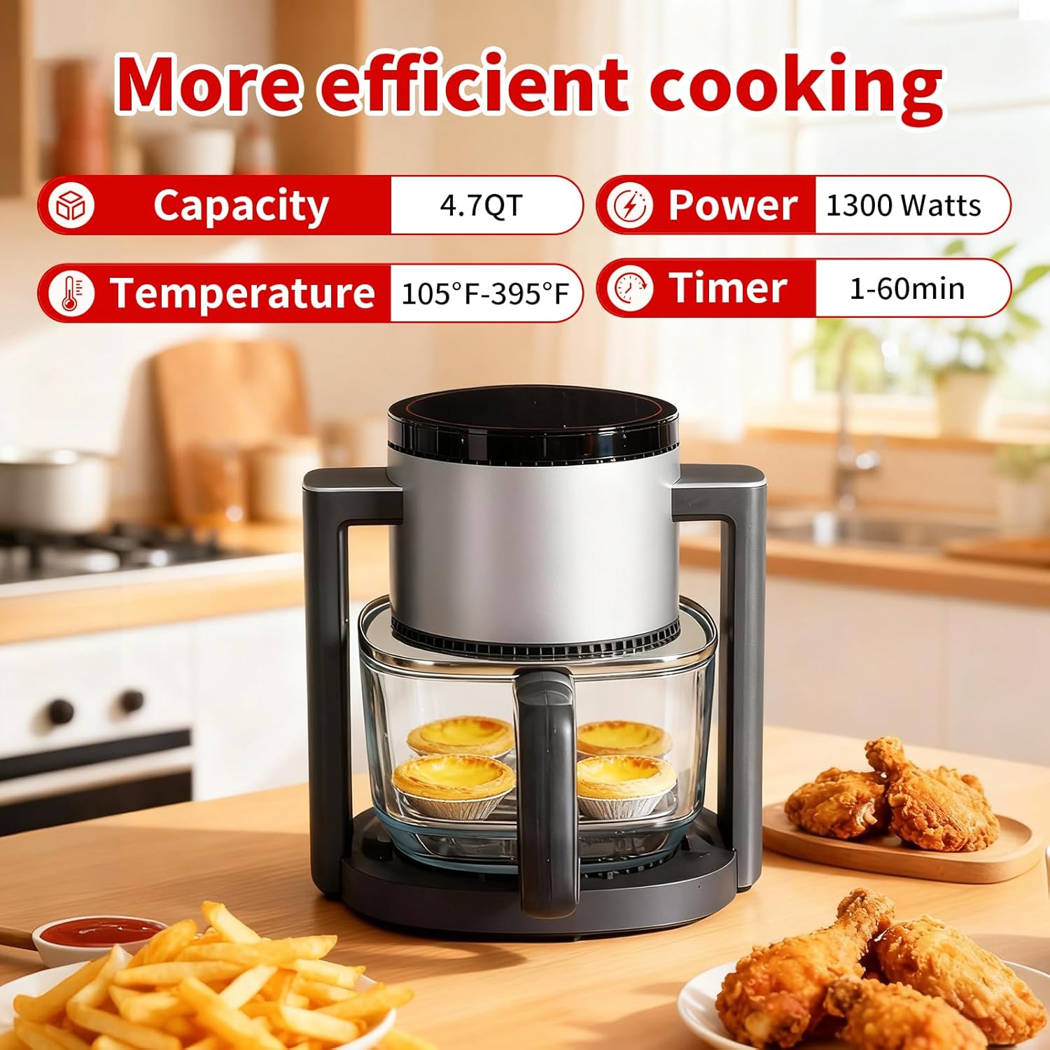 OLIXIS 4.7Qt Glass Air Fryer, Non Toxic Air Fryer with 10 Preset Cook Modes, 395°F Rapid Air Crispy Technology, Roast Bake Dehydrate Reheat, Nonstick & Easy-Clean Basket, 1300W