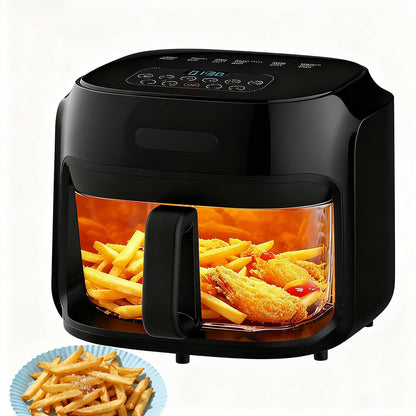 7.3QT Glass Air Fryer with See-Through Bowl, 360° Hot Air Circulation, 5 Presets, 1200W Fast Heating, Dishwasher Safe (White)