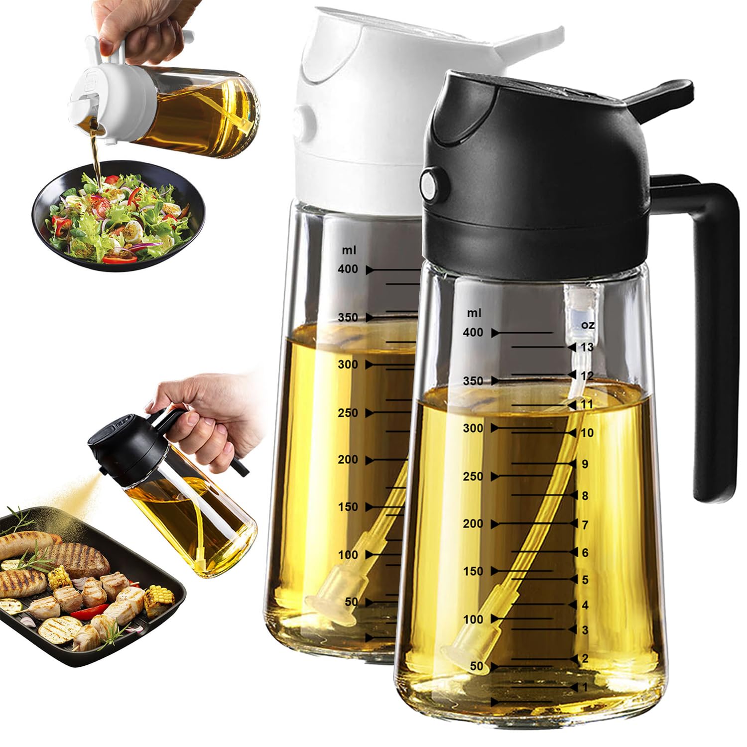 TrendPlain 16oz/470ml Glass Olive Oil Sprayer for Cooking – 2 in 1 Olive Oil Dispenser Bottle for Kitchen Gadgets and Air Fryer Accessories, Salad, BBQ - Black & Navy