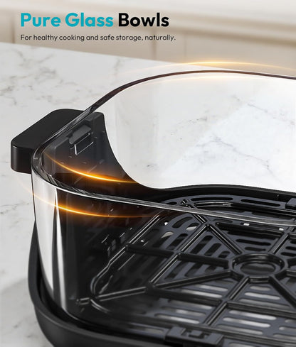Rellytech Portable Glass Air Fryer - 1500W, 4.2 QT & 6-Cup Dual Glass Containers with Lids, 4-in-1, 60 Min Timer, 140°F-400°F Adjustable, Microwave, Freezer & Dishwasher Safe, Grey Mother's Day