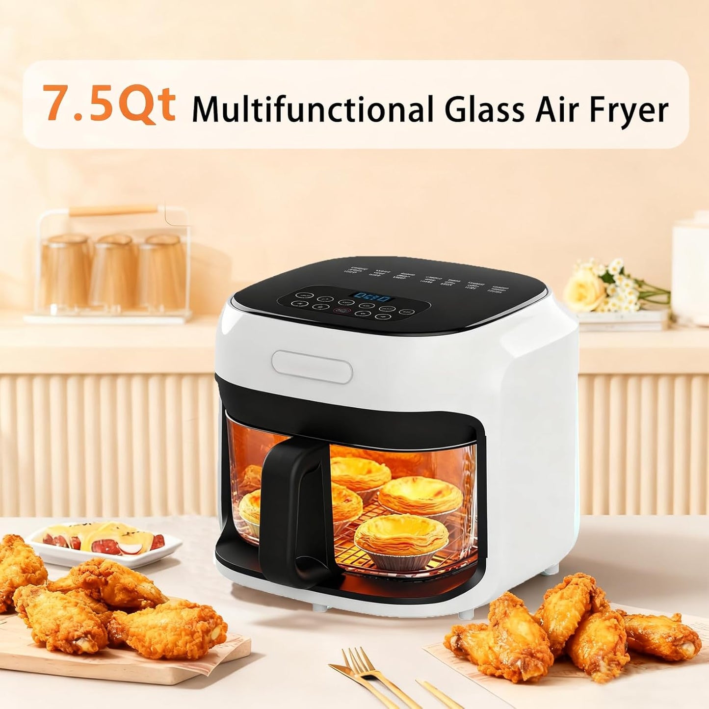 7.3QT Glass Air Fryer with See-Through Bowl, 360° Hot Air Circulation, 5 Presets, 1200W Fast Heating, Dishwasher Safe (White)