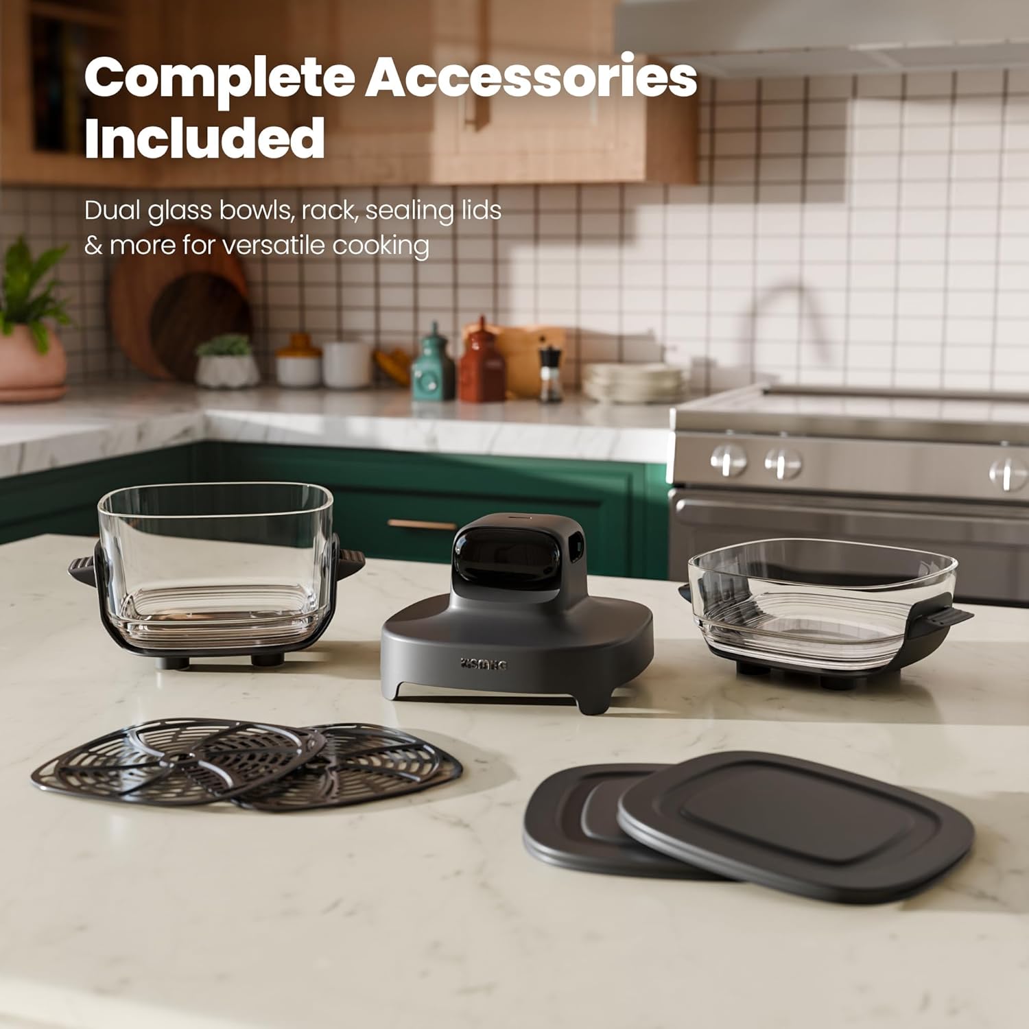 Kismile Glass Air Fryer, Upgraded 5-in-1 Portable Air Fryer with Dual Glass Bowls, 4.7QT & 2.6QT Containers & Lids, Adjustable Temp & Time, Freezer & Dishwasher Safe, Bake, Air Fry, Keep Warm & Crisp