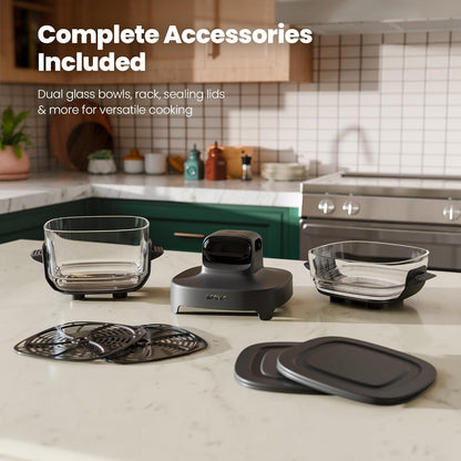 Kismile Glass Air Fryer, Upgraded 5-in-1 Portable Air Fryer with Dual Glass Bowls, 4.7QT & 2.6QT Containers & Lids, Adjustable Temp & Time, Freezer & Dishwasher Safe, Bake, Air Fry, Keep Warm & Crisp