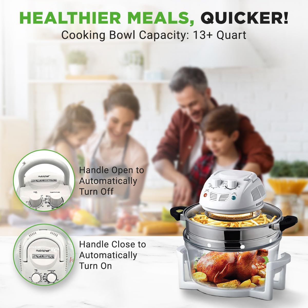 NutriChef Air Fryer, Infrared Convection, Halogen Oven Countertop, Cooking, Stainless Steel, 13 Quart 1200W, Prepare Quick Healthy Meals, for French Fries & Chips, White (PKAIRFR48)