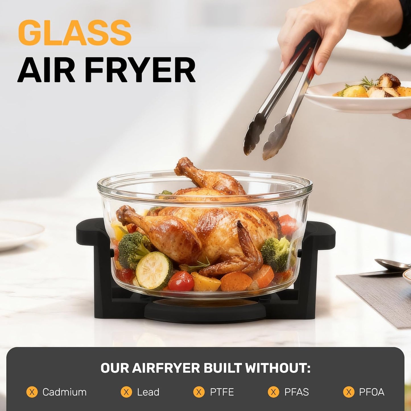 Granitestone 16Qt Large Glass Air Fryer Non Toxic – Family Sized Airfyrer Cooker with 3 Cooking Sections, Stainless Steel Racks, for French Fries, Chicken, No Preheat, Self Cleaning, Dishwasher Safe