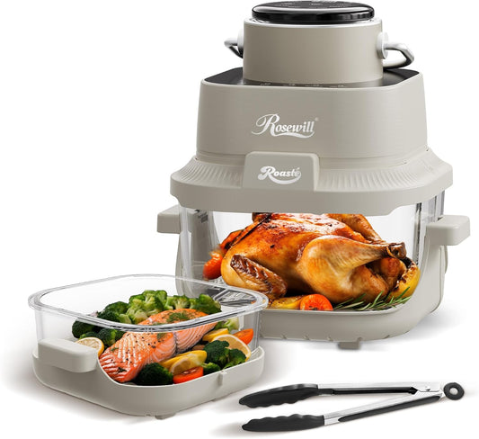 Rosewill 8-in-1 Portable Glass Air Fryer, 5.5QT & 1.6QT Dual Transparent Glass Cooking Pot with Storage Lid & Tongs, Compact Smart for Air Fry, Deep Roast, Recrisp, Bake and more - Saturn Gray