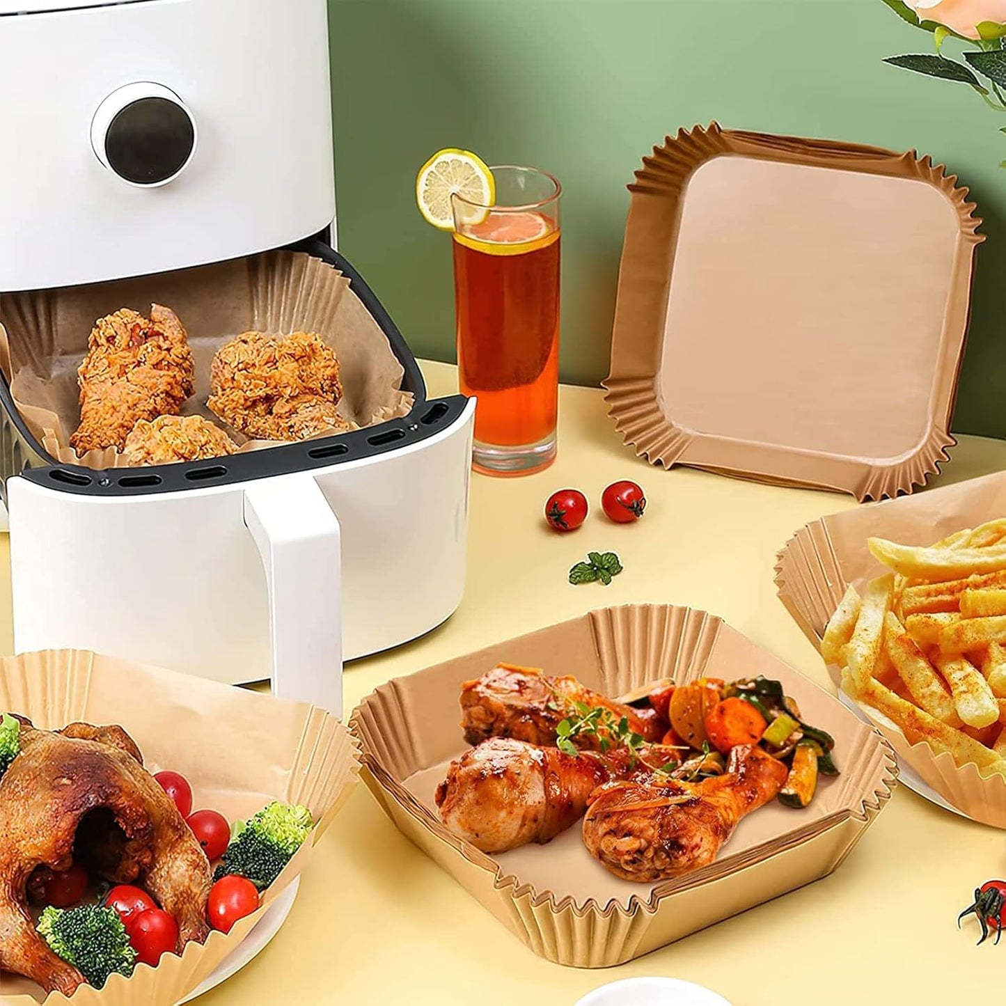 Air Fryer Liners Disposable Paper,100Pcs Parchment Paper Liners,Non Stick Airfryer Paper Liners,Food Grade Air Fryer Accessories WaterProof OilProof for Microwave Oven Steamer 7.9inch Square