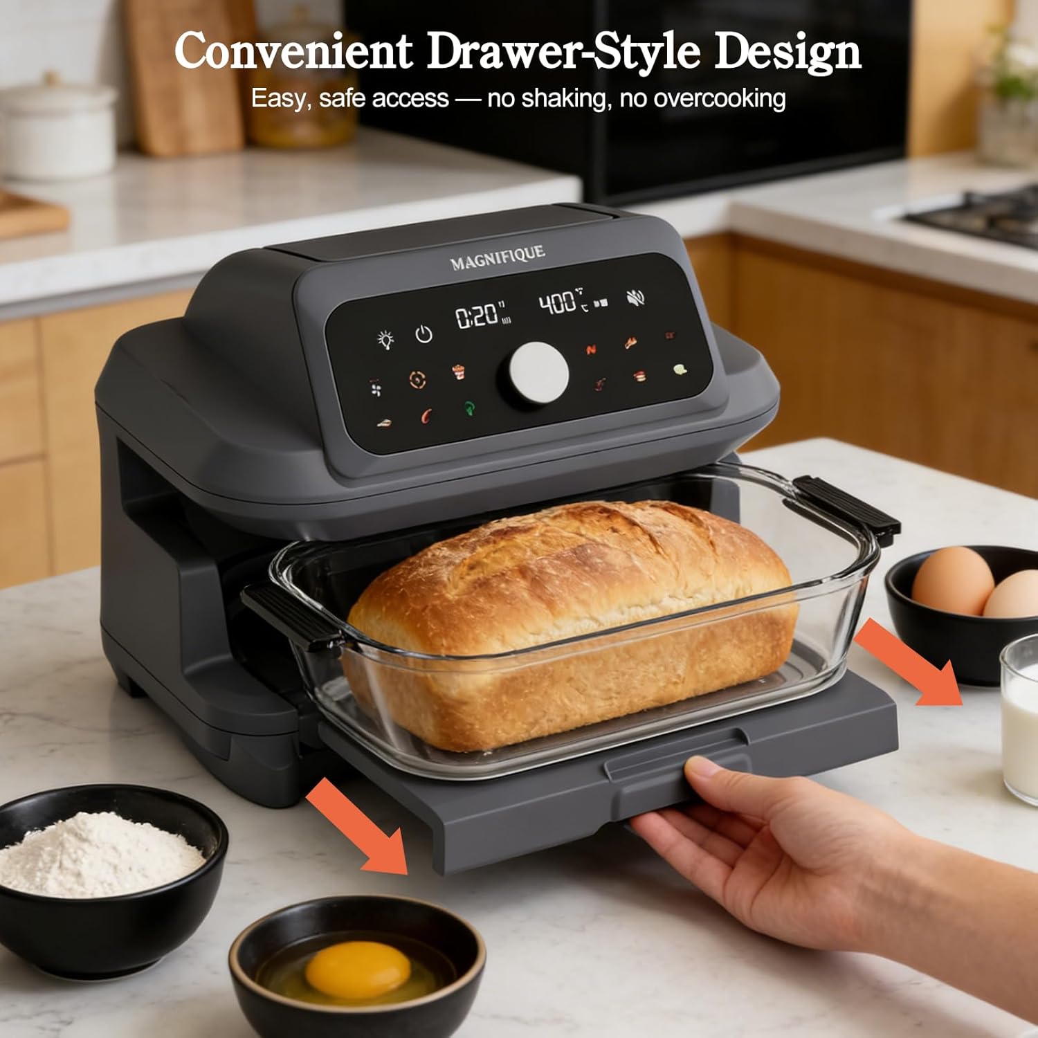MAGNIFIQUE Casserole Air Fryer 6 Quart Large Capacity, Glass Air Fryer Oven Non Toxic, 12-in-1 Digital Touchscreen, Full Glass Viewing Window, Rapid Hot Air Circulation, Includes Basket & Storage Lid