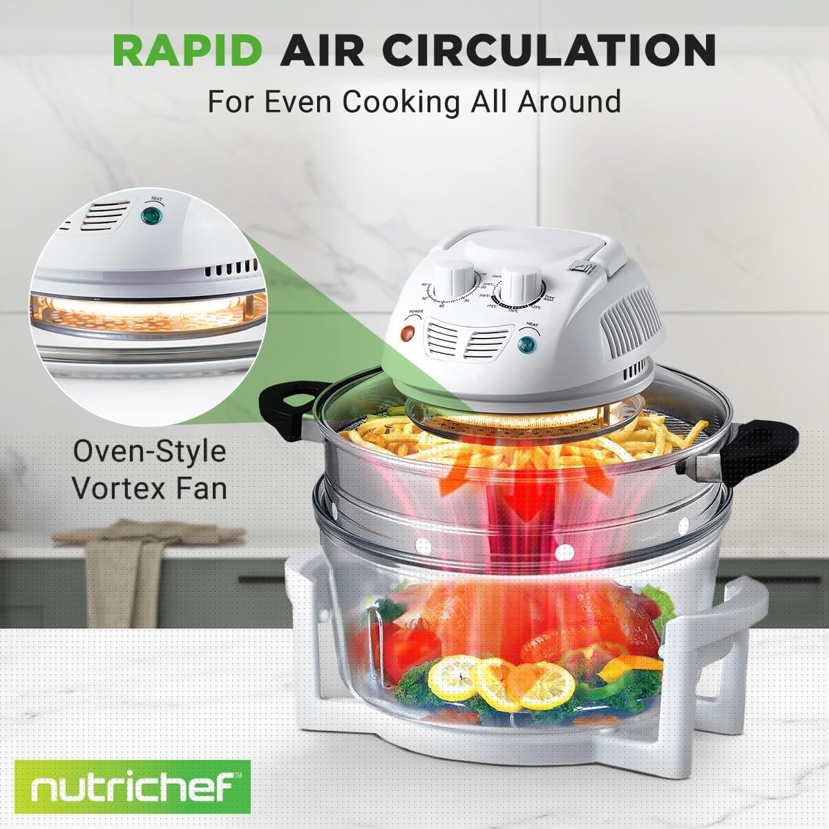 NutriChef Air Fryer, Infrared Convection, Halogen Oven Countertop, Cooking, Stainless Steel, 13 Quart 1200W, Prepare Quick Healthy Meals, for French Fries & Chips, White (PKAIRFR48)