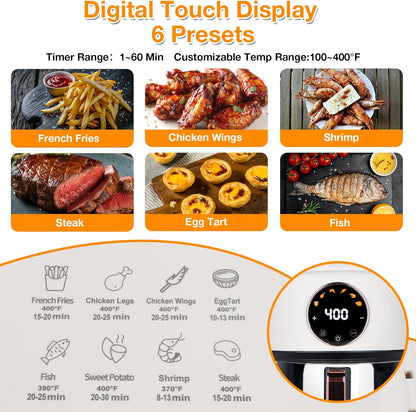 4.7QT Glass Air Fryer, 360° Viewable Glass Air Fryer Non Toxic, 6-IN-1 Preset Cook Modes, Digital Display, Adjustable Temp 100F - 400F, Nonstick, Dishwasher Safe, White