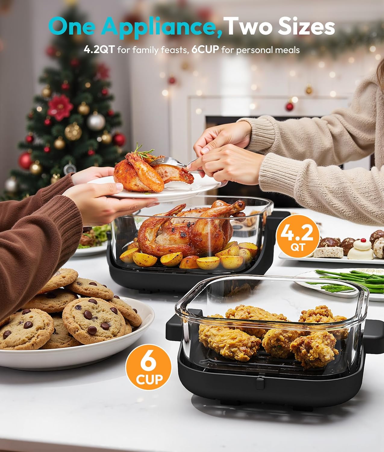 Rellytech Portable Glass Air Fryer - 1500W, 4.2 QT & 6-Cup Dual Glass Containers with Lids, 4-in-1, 60 Min Timer, 140°F-400°F Adjustable, Microwave, Freezer & Dishwasher Safe, Grey Mother's Day