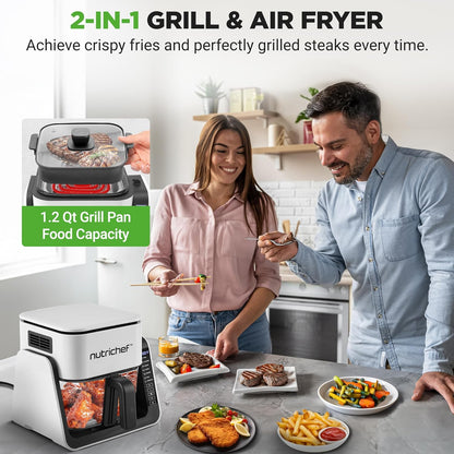 NutriChef 4 QT Air Fryer & Grill | 8-1 Preset Cook Modes | Transparent Fry Bowl for Best Cooking Results | Cook Shrimp, Steak, Fries, Wings & More | 4 QT Glass Air Fryer & 1.2 QT Grill | White