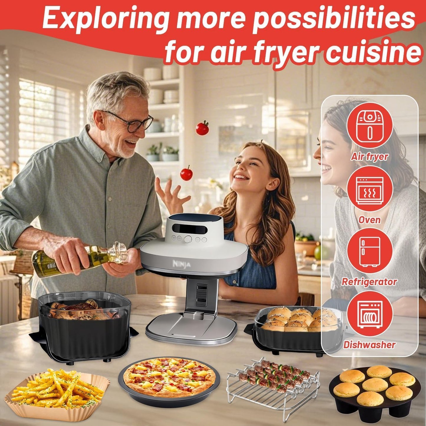 Air Fryer Accessories for Ninja Crispi Pro 6-in-1 Glass Airfryer AS101CY | AS101DG | AS101LG, 6 Piece Ninja Crispi Pro Accessories Silicone Liners, Paper Liners, Grill, Pizza Pan, 7-Hole Muffin Pan