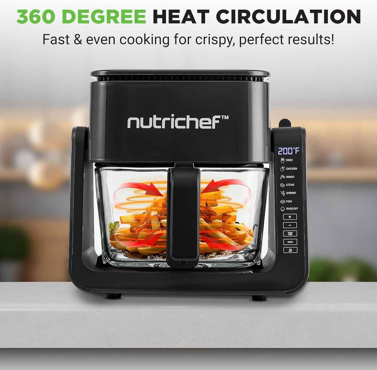 NutriChef 4 QT Air Fryer & Grill | 7-1 Preset Cook Modes | Transparent Fry Bowl for Best Cooking Results | Cook Shrimp, Steak, Fries, Wings & More | 4 QT Glass Air Fryer & 1.2 QT Grill | Black