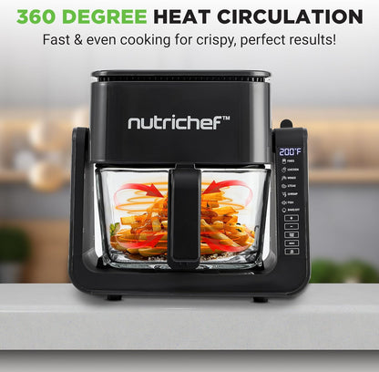 NutriChef 4 QT Air Fryer & Grill | 7-1 Preset Cook Modes | Transparent Fry Bowl for Best Cooking Results | Cook Shrimp, Steak, Fries, Wings & More | 4 QT Glass Air Fryer & 1.2 QT Grill | Black