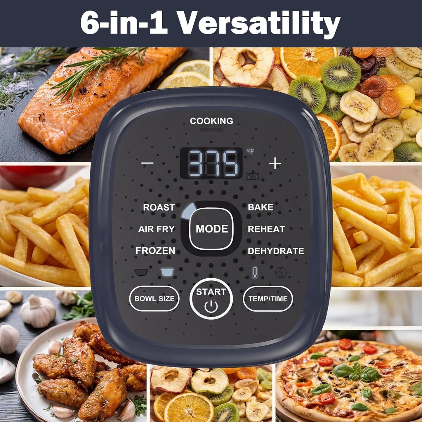 6-in-1 Glass Air Fryer Combo, 1500W High Power Countertop Oven with 2.6Qt & 4.7Qt Interchangeable Glass Bowls, Non-Toxic Ceramic Crisper, LED Display, Ideal for Meal Prep & Gifting, Iron Blue