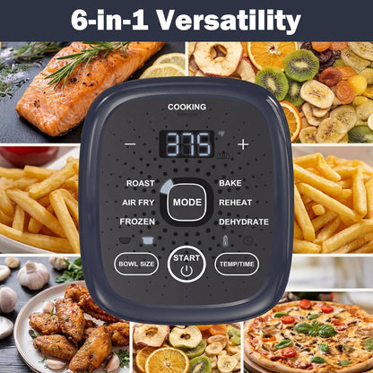 6-in-1 Glass Air Fryer Combo, 1500W High Power Countertop Oven with 2.6Qt & 4.7Qt Interchangeable Glass Bowls, Non-Toxic Ceramic Crisper, LED Display, Ideal for Meal Prep & Gifting, Iron Blue