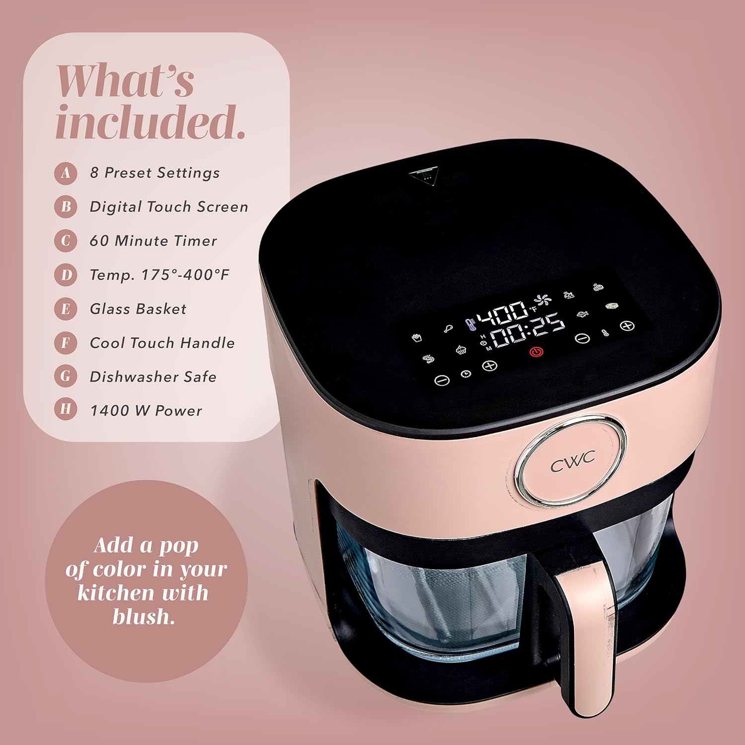 COOK WITH COLOR 1400W 5.5Qt Digital Kitchen Air Fryer with Glass Basket, 8 Presets Healthy Cooking Options, Bake, Fry, Reheat, 60-Min Timer, Adjustable Temperature Control 175°F–400°F, Blush
