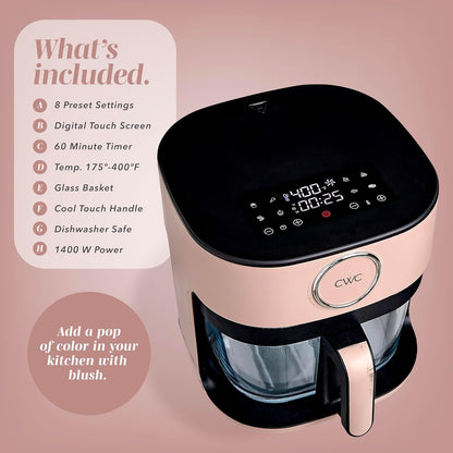 COOK WITH COLOR 1400W 5.5Qt Digital Kitchen Air Fryer with Glass Basket, 8 Presets Healthy Cooking Options, Bake, Fry, Reheat, 60-Min Timer, Adjustable Temperature Control 175°F–400°F, Blush