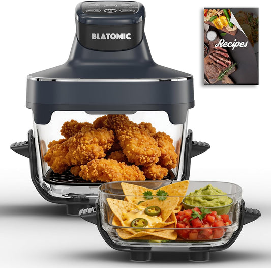 6-in-1 Glass Air Fryer Combo, 1500W High Power Countertop Oven with 2.6Qt & 4.7Qt Interchangeable Glass Bowls, Non-Toxic Ceramic Crisper, LED Display, Ideal for Meal Prep & Gifting, Iron Blue
