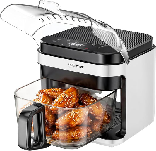 NutriChef 5.8 Quart Air Fryer | Glass Airfryer with 8-in-1 Digital Presets | Stainless Steel Fryer Design | Glass Fry Bowl with Flip-Up Safety Shield | Compact Air-Fryer for Even Cooking | White