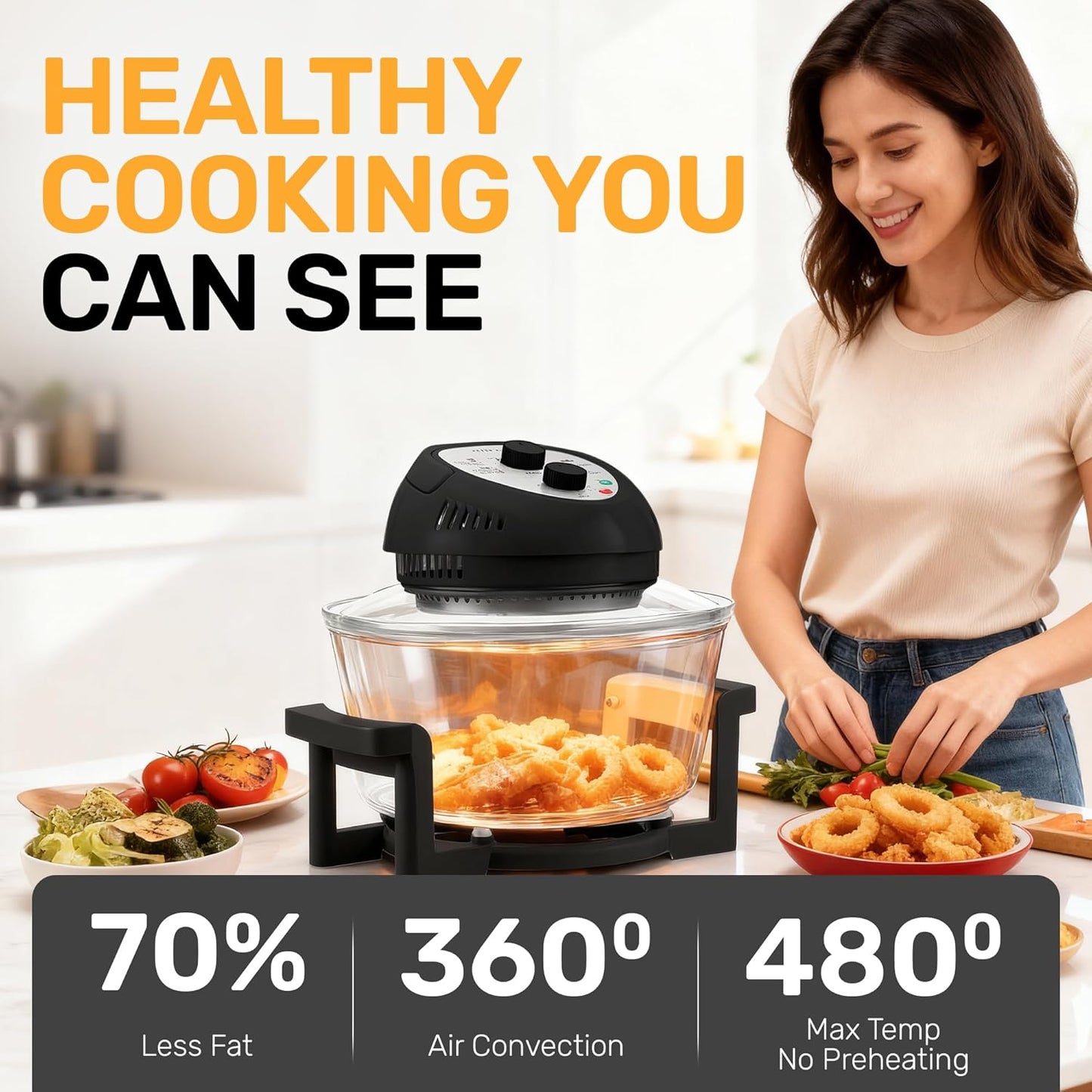 Granitestone 16Qt Large Glass Air Fryer Non Toxic – Family Sized Airfyrer Cooker with 3 Cooking Sections, Stainless Steel Racks, for French Fries, Chicken, No Preheat, Self Cleaning, Dishwasher Safe