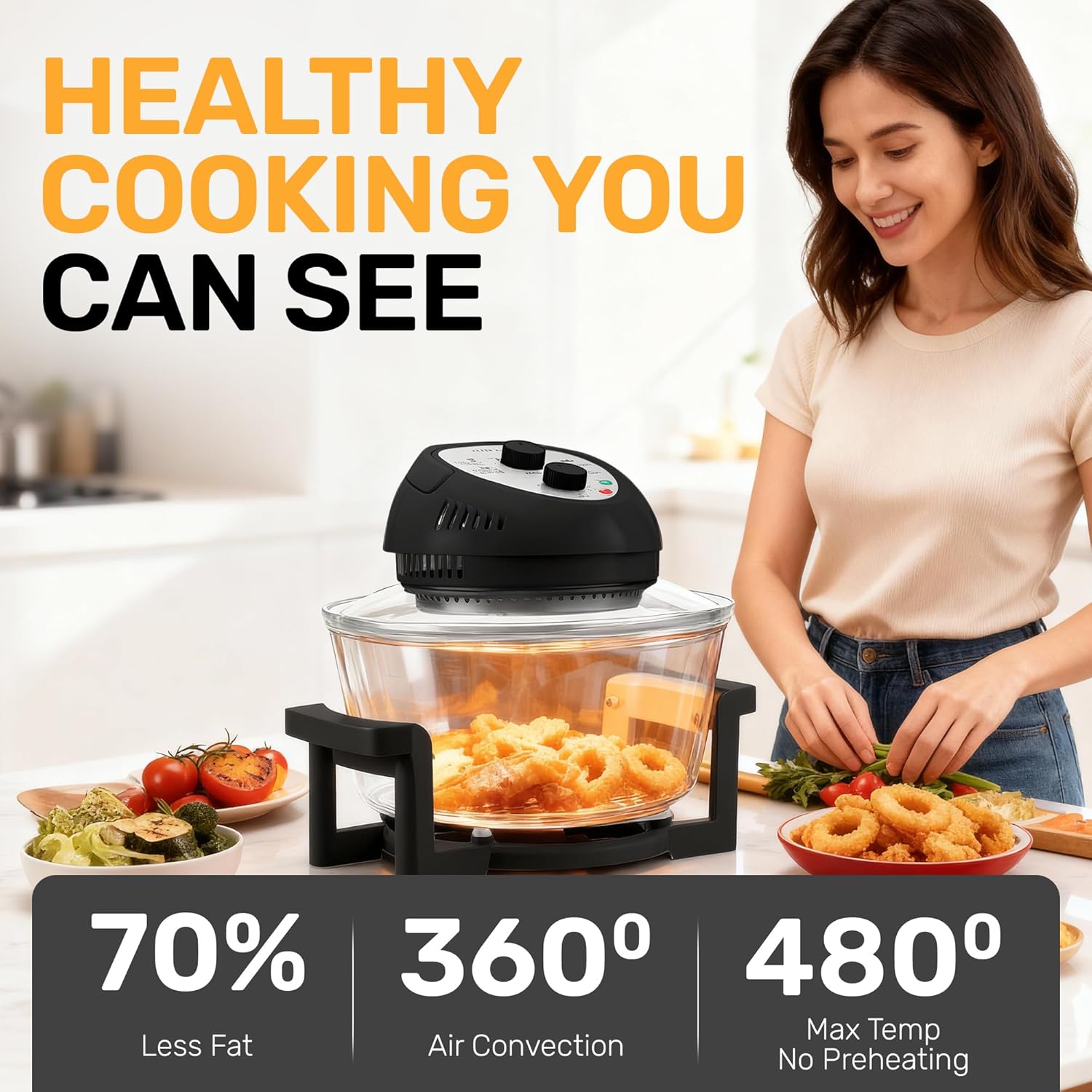 Granitestone 16Qt Large Glass Air Fryer Non Toxic – Family Sized Airfyrer Cooker with 3 Cooking Sections, Stainless Steel Racks, for French Fries, Chicken, No Preheat, Self Cleaning, Dishwasher Safe