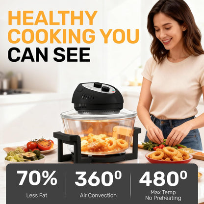 Granitestone 16Qt Large Glass Air Fryer Non Toxic – Family Sized Airfyrer Cooker with 3 Cooking Sections, Stainless Steel Racks, for French Fries, Chicken, No Preheat, Self Cleaning, Dishwasher Safe