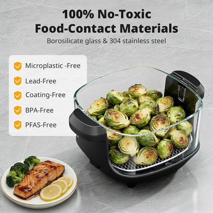 AIRMSEN Potable Glass Air Fryer Non-Toxic, 4.8QT & 1.3QT, 4 Presets & Manual Control, 140–450℉ Precise Heat, 95% Less Oil, Auto-Pause & Resume, Microwave & Dishwasher Safe