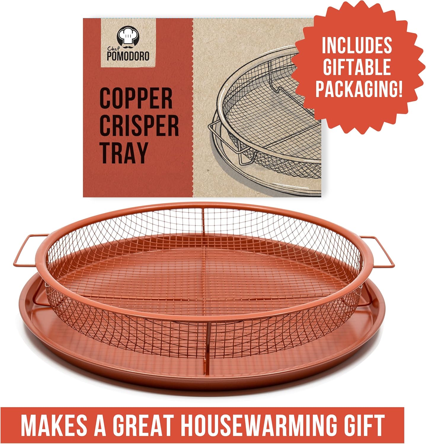 Chef Pomodoro Crisper Basket and Tray Set -2 Pieces, Large Plate for Oven with Air Fryer Option, Oil-Free Cookware Pan, Full Size Oven and Air Fryer Accessories for Any Kitchen, 12.2 inches (Copper)