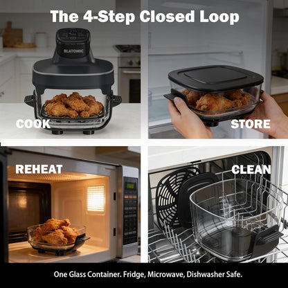 6-in-1 Glass Air Fryer Combo, 1500W High Power Countertop Oven with 2.6Qt & 4.7Qt Interchangeable Glass Bowls, Non-Toxic Ceramic Crisper, LED Display, Ideal for Meal Prep & Gifting, Iron Blue