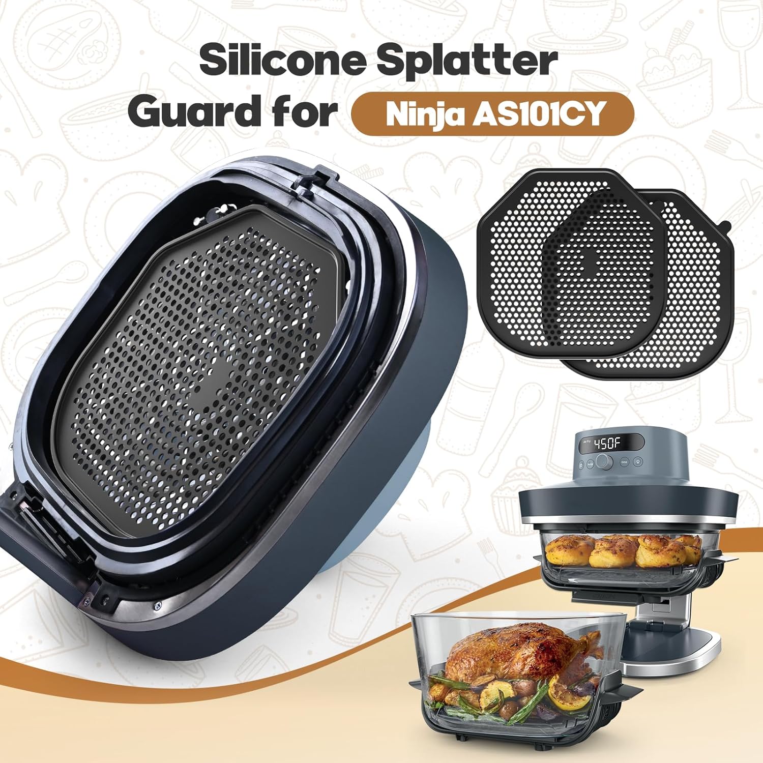 2 PCS Silicone Splatter Shield Heat-Resistant Splash Guard for Ninja Crispi Pro Glass Air Fryer -Replacement Parts AS101CY,Compatible with Ninja Crispi Pro Accessories & Crisp Containers (Black)