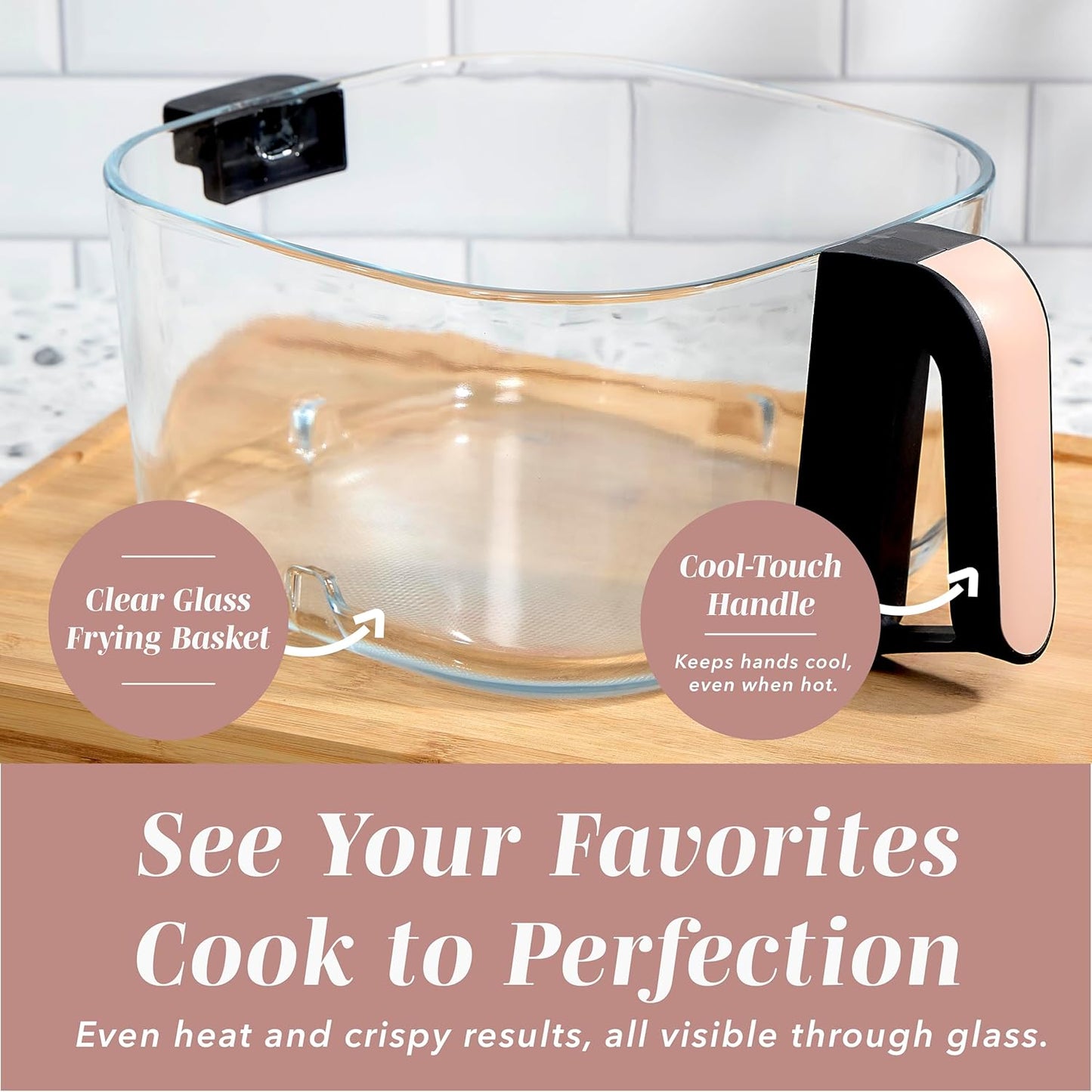 COOK WITH COLOR 1400W 5.5Qt Digital Kitchen Air Fryer with Glass Basket, 8 Presets Healthy Cooking Options, Bake, Fry, Reheat, 60-Min Timer, Adjustable Temperature Control 175°F–400°F, Blush