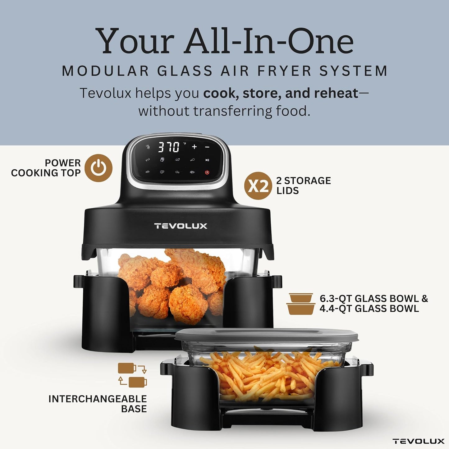 4-in-1 Portable Glass Air Fryer Cooking System, 1500W, 6.3QT & 4.4QT Glass Containers with Storage Lids, Microwave, Freezer & Dishwasher Safe