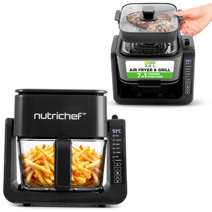 NutriChef 4 QT Air Fryer & Grill | 8-1 Preset Cook Modes | Transparent Fry Bowl for Best Cooking Results | Cook Shrimp, Steak, Fries, Wings & More | 4 QT Glass Air Fryer & 1.2 QT Grill | White