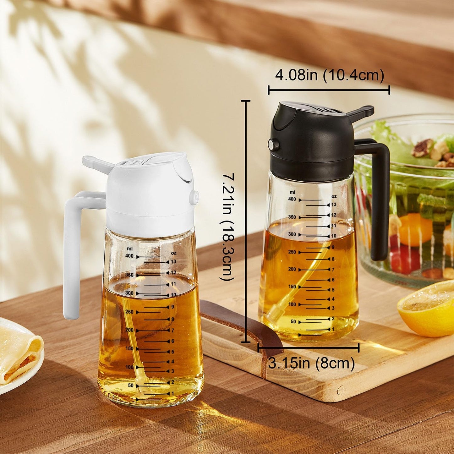 TrendPlain 16oz/470ml Glass Olive Oil Sprayer for Cooking – 2 in 1 Olive Oil Dispenser Bottle for Kitchen Gadgets and Air Fryer Accessories, Salad, BBQ - Black & Navy