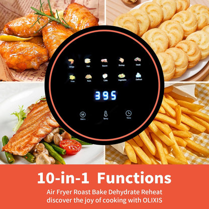 OLIXIS 4.7Qt Glass Air Fryer, Non Toxic Air Fryer with 10 Preset Cook Modes, 395°F Rapid Air Crispy Technology, Roast Bake Dehydrate Reheat, Nonstick & Easy-Clean Basket, 1300W