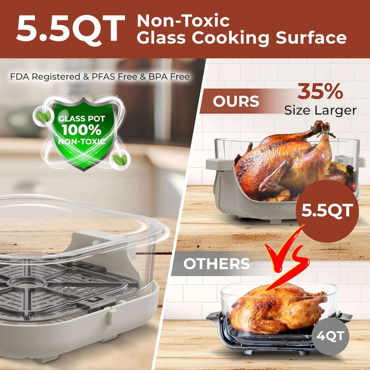 Rosewill 8-in-1 Portable Glass Air Fryer, 5.5QT & 1.6QT Dual Transparent Glass Cooking Pot with Storage Lid & Tongs, Compact Smart for Air Fry, Deep Roast, Recrisp, Bake and more - Saturn Gray