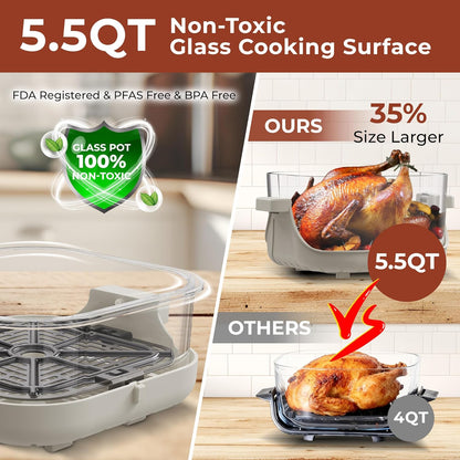 Rosewill 8-in-1 Portable Glass Air Fryer, 5.5QT & 1.6QT Dual Transparent Glass Cooking Pot with Storage Lid & Tongs, Compact Smart for Air Fry, Deep Roast, Recrisp, Bake and more - Saturn Gray