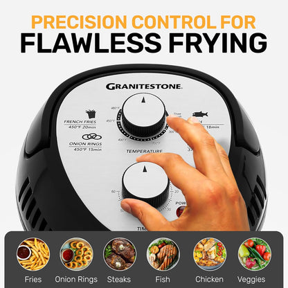 Granitestone 16Qt Large Glass Air Fryer Non Toxic – Family Sized Airfyrer Cooker with 3 Cooking Sections, Stainless Steel Racks, for French Fries, Chicken, No Preheat, Self Cleaning, Dishwasher Safe