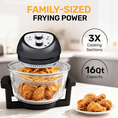 Granitestone 16Qt Large Glass Air Fryer Non Toxic – Family Sized Airfyrer Cooker with 3 Cooking Sections, Stainless Steel Racks, for French Fries, Chicken, No Preheat, Self Cleaning, Dishwasher Safe