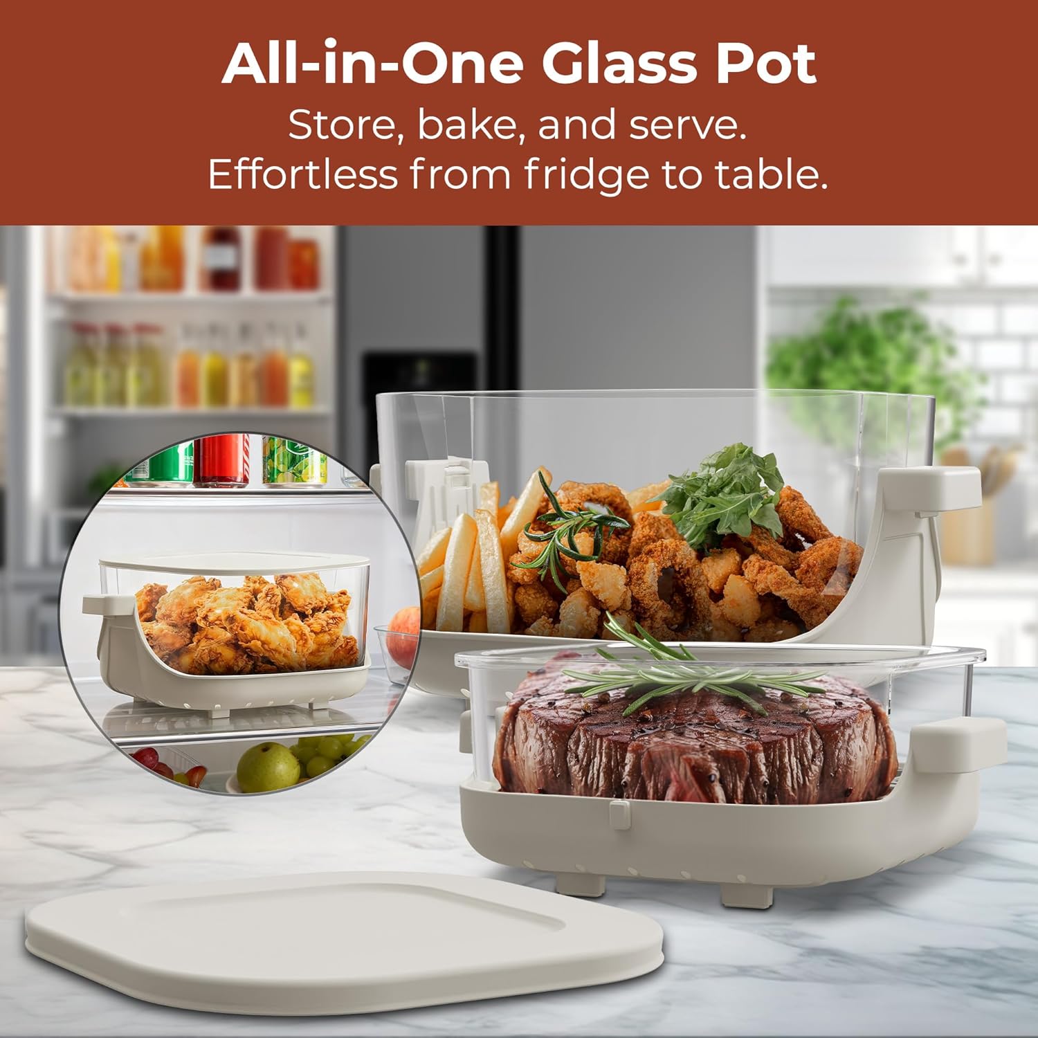 Rosewill 8-in-1 Portable Glass Air Fryer, 5.5QT & 1.6QT Dual Transparent Glass Cooking Pot with Storage Lid & Tongs, Compact Smart for Air Fry, Deep Roast, Recrisp, Bake and more - Saturn Gray