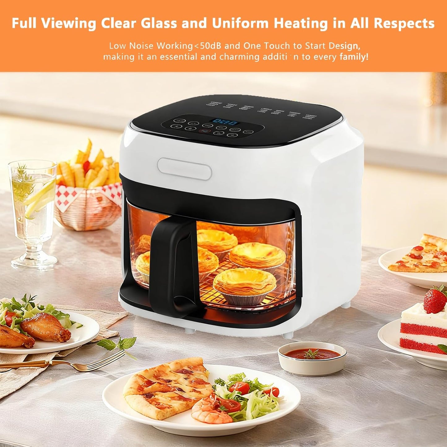 7.3QT Glass Air Fryer with See-Through Bowl, 360° Hot Air Circulation, 5 Presets, 1200W Fast Heating, Dishwasher Safe (White)