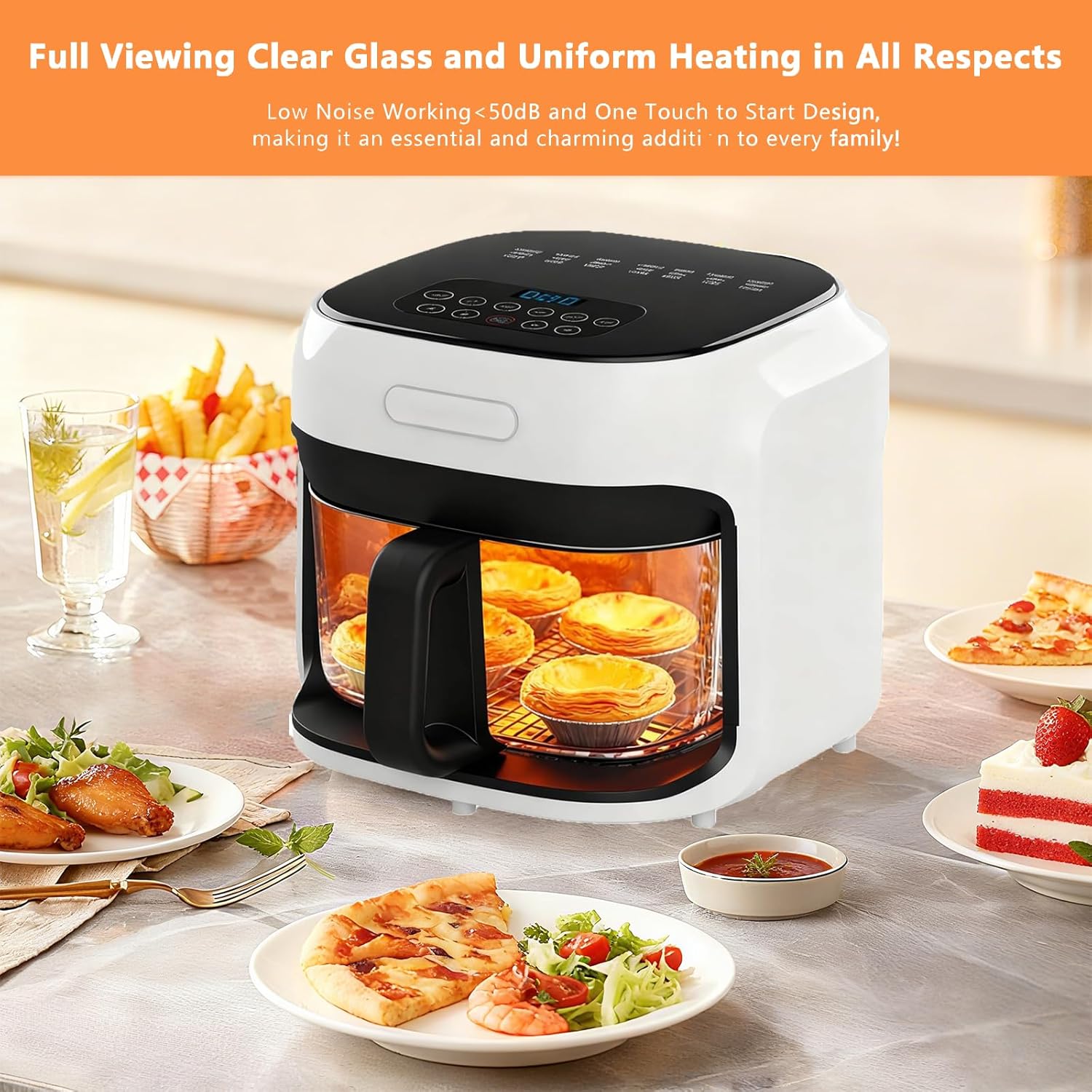 7.3QT Glass Air Fryer with See-Through Bowl, 360° Hot Air Circulation, 5 Presets, 1200W Fast Heating, Dishwasher Safe (White)