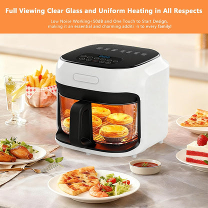 7.3QT Glass Air Fryer with See-Through Bowl, 360° Hot Air Circulation, 5 Presets, 1200W Fast Heating, Dishwasher Safe (White)