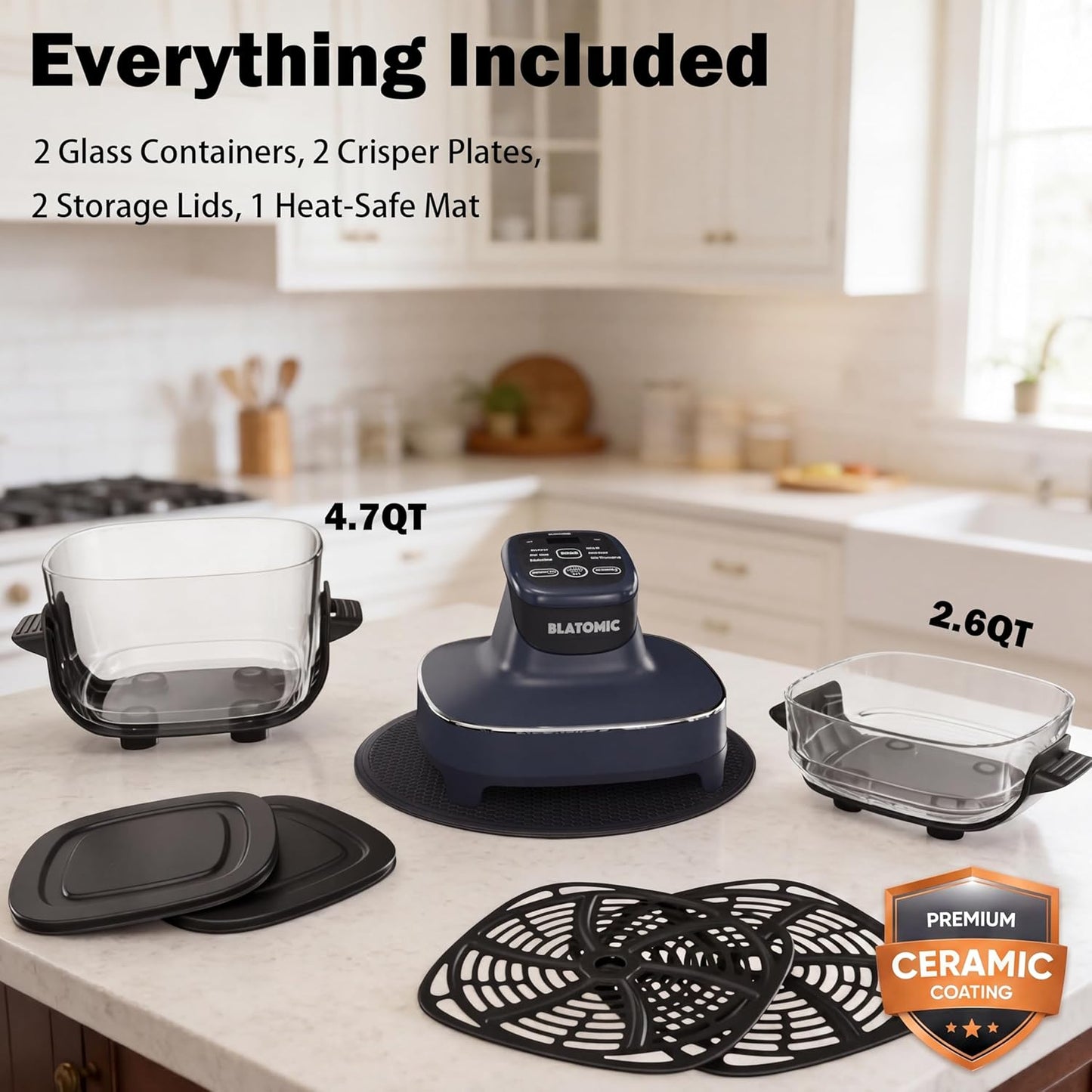 6-in-1 Glass Air Fryer Combo, 1500W High Power Countertop Oven with 2.6Qt & 4.7Qt Interchangeable Glass Bowls, Non-Toxic Ceramic Crisper, LED Display, Ideal for Meal Prep & Gifting, Iron Blue